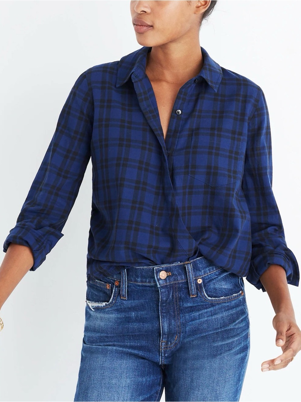 MADEWELL Wrap Front Shirt Blue Black Arion Plaid Classic Cotton Medium